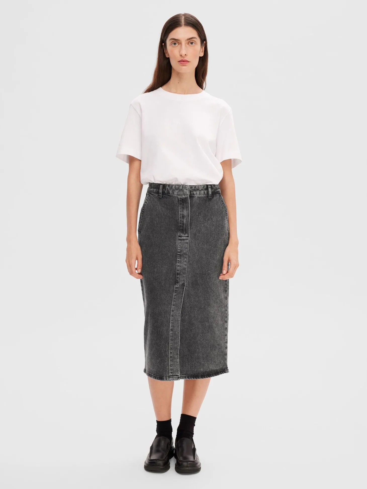 Selected Denim Midi Rok Cali Dark Grey Denim Best